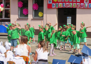 Biedronki w strojach ufoludków prezentują przygotowany taniec.